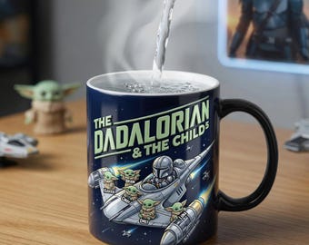 Gepersonaliseerde Dadaloriaanse mok, aangepaste Star Wars papa-koffiemok met Grogu-kindernamen, hittegevoelige magische mok voor Vaderdagcadeau