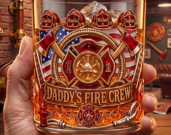 Custom Firefighter Dad Glass Mug, Personalized Daddy's Crew Whiskey Tumbler with Kids Names, Unique Fireman Gift for Father's Day