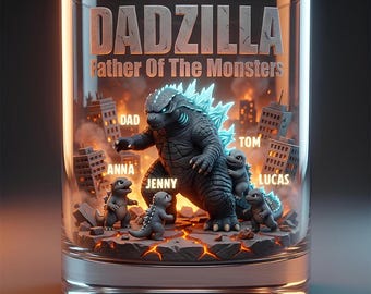 Dadzilla Father Of The Monsters-glas | Op maat gemaakt whiskyglas met kindernamen | Grappig vadercadeau van zoon, dochter | Verjaardagscadeau