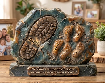 Gepersonaliseerde voetafdruk plaquette papa en kinderen, op maat gemaakte schoenafdruk cadeau voor vader, Vaderdagdecor met kindernamen en citaat