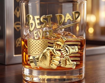 Personalized Dad Whiskey Glass with Custom Family Fist Bump Names - Best Dad Ever Old Fashioned Tumbler Gift for Father's Day Birthday