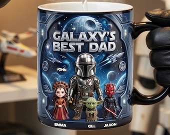 Personalized Galaxy's Best Dad Mug | Custom Sci-Fi Family Coffee Cup with Kids Names | Star Wars Inspired Heat Sensitive Magic Dad Gift