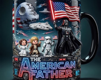 Gepersonaliseerde Amerikaanse vader Star Wars-mok, aangepaste koffiekopje familieportret Chibi, vaderlandslievend vadercadeau voor Vaderdag Verjaardag