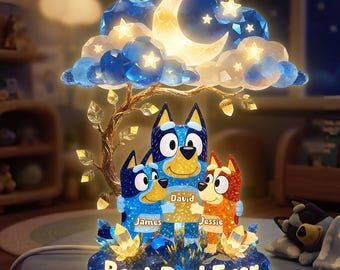 Gepersonaliseerde Bluey Heeler familie vader acryl lichtbak, aangepaste kindernamen led-lamp, cadeau beste vader ooit, Vaderdag verjaardag