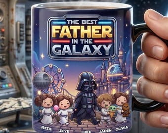 Gepersonaliseerde beste vader in de melkweg magische koffiemok met aangepaste familienamen | Star Wars-vadercadeau voor Vaderdag en verjaardag