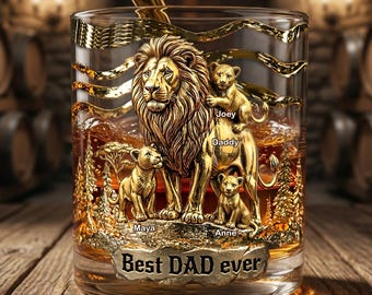 Gepersonaliseerd whiskyglas Lion Dad & Kids | Aangepast Vaderdagcadeau voor vaders met kindernamen | Beker voor beste vader ooit