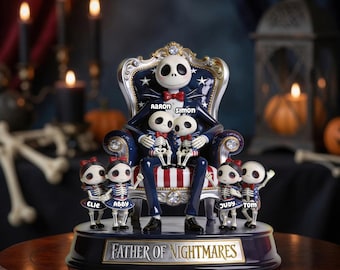 Gepersonaliseerde Jack Skellington Father of Nightmares-beeldje met aangepaste kindernamen | Griezelig Halloweencadeau vader | Decor in Tim Burton-stijl