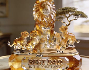 Gepersonaliseerde familieplaat leeuwen, custom 'Best Dad In The Pride Lands' acrylcadeau voor vader, Vaderdag en verjaardagscadeau
