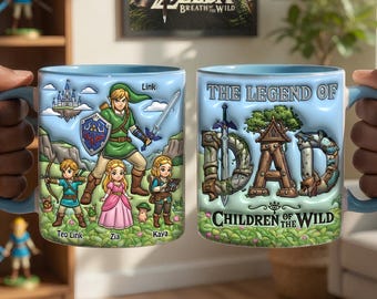 Aangepaste Legend of Dad-mok, gepersonaliseerde op Zelda geïnspireerde gamer Dad-koffiemok, Children of the Wild Vaderdagcadeau van kinderen
