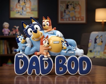 Gepersonaliseerde Bluey Dad Bod-plaat, aangepast acryl familiebord met kindernamen, uniek Vaderdagcadeau voor vader, verjaardagscadeau voor echtgenoot