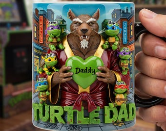 Gepersonaliseerde TMNT-vadermok met kindernamen - aangepaste Splinter Turtle Papa koffiekopje Cadeau voor Vaderdag Verjaardag Kerstmis