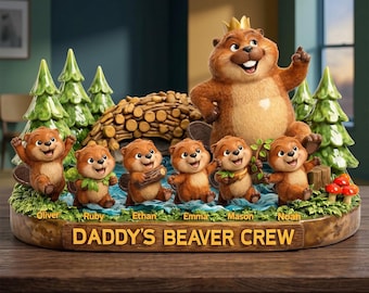 Gepersonaliseerde Dad's Little Adventures Crew acrylplaat, aangepast familiecadeau bever voor papa met kindernamen, Vaderdagdecor
