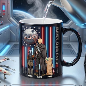 May include: Black ceramic mug with a Star Wars theme. The mug features the text "BEST DAD EVER" and a graphic of characters. The design includes red and blue vertical lines, a Death Star, and the number "250".