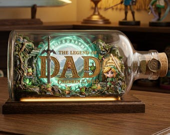 Gepersonaliseerde Legend of Dad Bottle Diorama Light, custom gamer-vadercadeau met kindernamen, op Zelda geïnspireerde vaderdagverjaardagscadeau