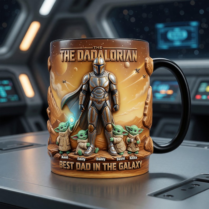 May include: A ceramic mug with a design inspired by The Mandalorian. The mug has a brown background with the text "THE DADALORIAN" and "BEST DAD IN THE GALAXY". It depicts the Mandalorian and several Grogu figures. The handle is black.