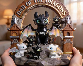 Gepersonaliseerde drakenvader beeldje, aangepast beeldje drakenfamilie met kindernamen, uniek cadeau voor papa, Vaderdag verjaardag Kerstmis
