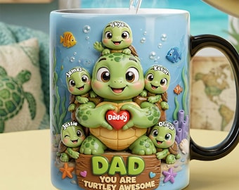 Aangepaste mok papa-schildpad met kindernamen | Gepersonaliseerde magische koffiekop 'Turtley Awesome' | Vaderdagcadeau voor papa van kinderen