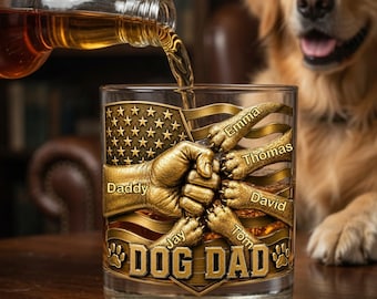Custom Dog Dad Whiskey Glass, Personalized Pet Names Drinking Glass, American Flag Dog Lover Gift for Father's Day Dad