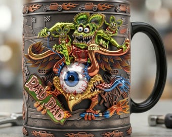 Personalized Hot Rod Dad Mug | Custom Rat Fink Style Coffee Cup for Car Guy | Rad Dad Gift for Mechanic Father