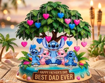 Gepersonaliseerde familieborduursel voor vader - gepersonaliseerd vaderdagcadeau lilo en stitch - acryl bureaudecoratie met kindernamen