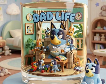 Personalized Dad Life Little Pups Whiskey Glass | Custom Cartoon Dog Family Old Fashioned Glass | Father's Day Birthday Gift for Dad Husband