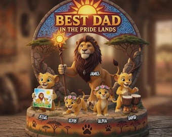 Personlig lejonfamiljestaty, anpassad pappa- och barnnamnsfigur, bästa pappa i Pride Lands-present, djungeldekor till fars dag