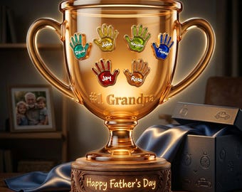 Gepersonaliseerde lichtbak papa-trofee met aangepaste kindernamen en handafdrukken, beste opa acryl led-cadeau voor Vaderdag