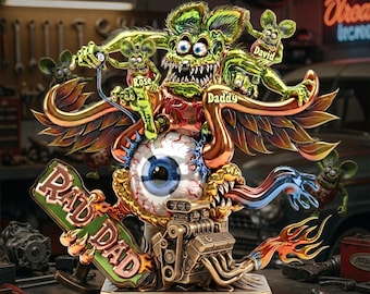 Gepersonaliseerde Hot Rod Dad-acrylplaquette - Aangepaste garagedecor in Rat Fink-stijl voor Car Guys & Fathers Day-cadeau