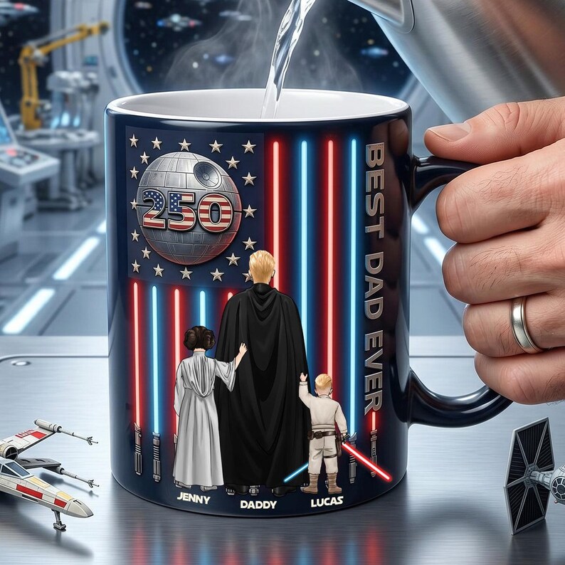 May include: A black ceramic mug with a design featuring a Death Star, stars, and red and blue lights. The mug has the words "BEST DAD EVER" and images of a family. The mug is being filled with water.