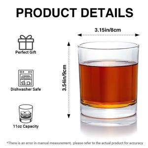 May include: A clear, cylindrical glass filled with a brown liquid. The glass is 3.54 inches (9 cm) tall and 3.15 inches (8 cm) wide. The image includes icons for "Perfect Gift", "Dishwasher Safe", and "11oz Capacity". The text "PRODUCT DETAILS" is at the top.