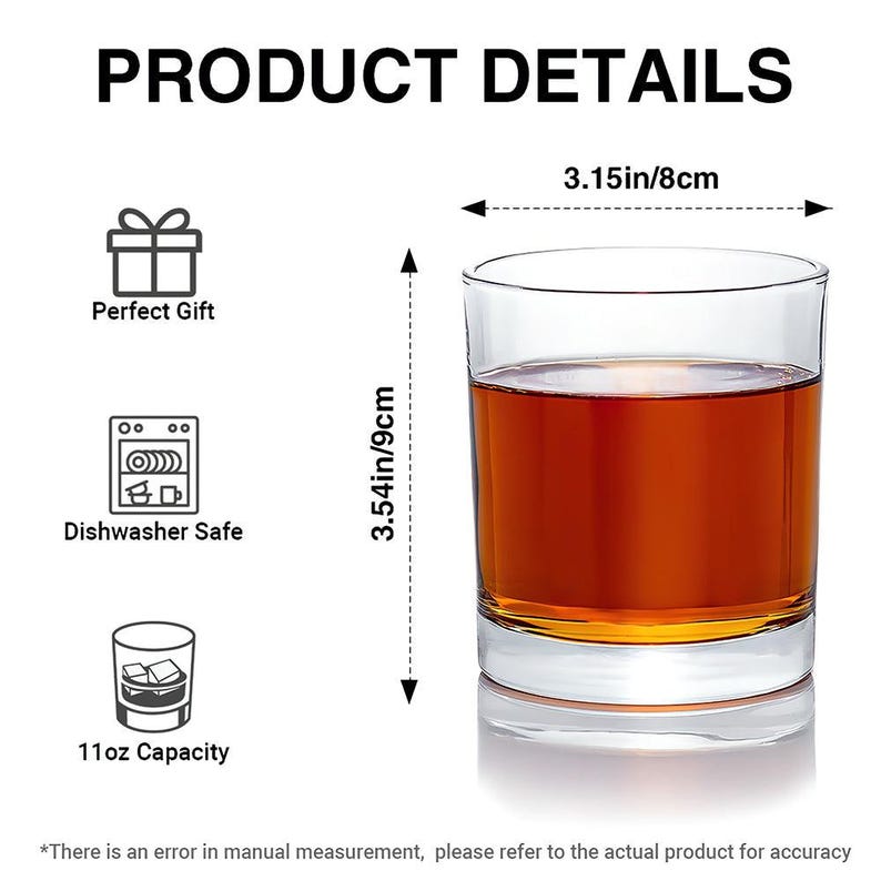 May include: A clear, cylindrical glass filled with a brown liquid. The glass is 3.54 inches (9 cm) tall and 3.15 inches (8 cm) wide. The image includes icons for "Perfect Gift", "Dishwasher Safe", and "11oz Capacity". The text "PRODUCT DETAILS" is at the top.