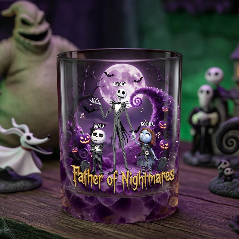 May include: A clear glass featuring a scene from The Nightmare Before Christmas. The design includes Jack Skellington, Sally, and other characters, with the text "Father of Nightmares". The background has a purple and black color scheme.