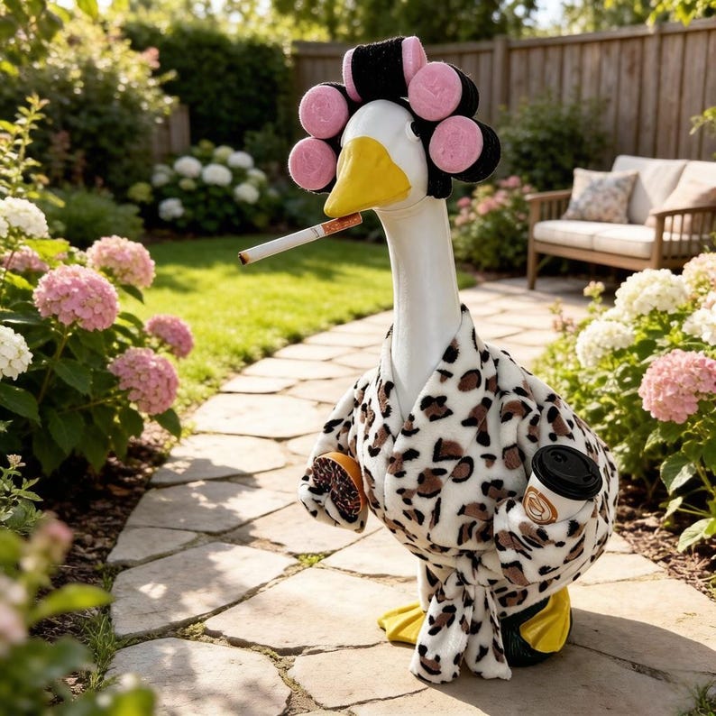 May include: A white goose figurine wearing a leopard print robe and pink hair rollers. The goose has a yellow beak, holds a cigarette in its mouth, and carries a small orange slice in one wing and a black coffee cup in the other wing.