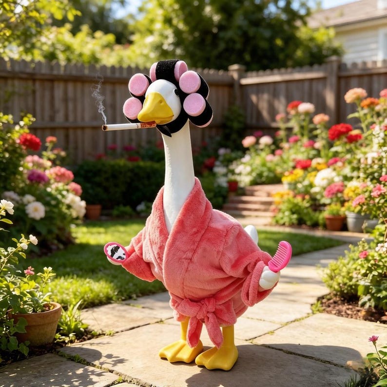 May include: A white goose wearing a coral pink plush bathrobe, black hair rollers with pink accents, and holding a small pink hand mirror and a pink hair comb. The goose has a lit cigarette in its beak with a thin trail of smoke rising upward.