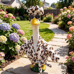 May include: A white ceramic goose statue wearing a plush leopard print bathrobe and a matching leopard print head wrap. The goose is accessorized with round leopard print sunglasses and has a yellow beak with a white chin strap.