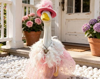 23 Inch Pink Tulle Porch Goose Outfit Set, Goose Dress with Feather Hat, Collar & Skirt, Cute Lawn Goose Statue Clothes