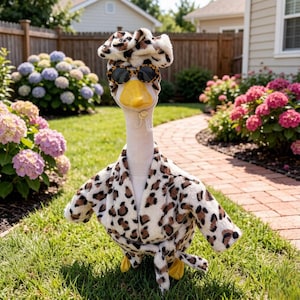 May include: A white goose figurine wearing a plush leopard print bathrobe and a matching leopard print headband. The goose is accessorized with round leopard print sunglasses that have dark lenses and a small white chin strap.
