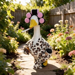 May include: A white goose figurine wearing a leopard print robe and pink hair rollers on its head. The goose has a cigarette in its beak and holds a small circular object in one wing and a black lidded coffee cup in the other wing.