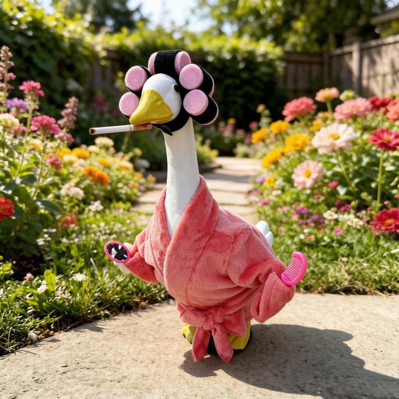 May include: A white goose wearing a pink plush bathrobe and a black headband with pink hair rollers. The goose has a cigarette in its beak and holds a small pink hand mirror and a pink hair comb in its wings, standing on a stone path.