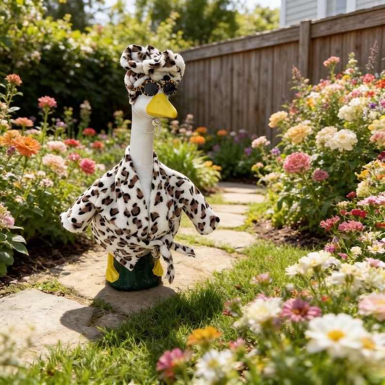 May include: A white goose statue wearing a leopard print bathrobe and a matching leopard print head wrap. The goose has a bright yellow beak and is wearing dark-rimmed sunglasses with a leopard print frame, standing upright in a garden setting.