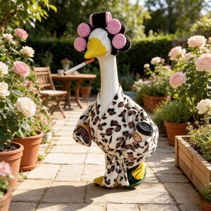 May include: A white goose figurine wearing a leopard print bathrobe and pink hair rollers. The goose has a yellow beak, holds a cigarette in its mouth, and carries a chocolate donut in one wing and a coffee cup in the other wing.