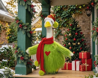Green 23 Inch Christmas Porch Goose Outfit, Holiday Lawn Decoration, Festive Goose Costume for Garden and Front Porch Decor