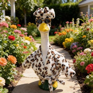 May include: A white goose figurine wearing a fuzzy leopard print bathrobe with a matching head wrap and leopard print sunglasses. The goose has a bright yellow beak and is positioned upright, showcasing the detailed animal print texture.