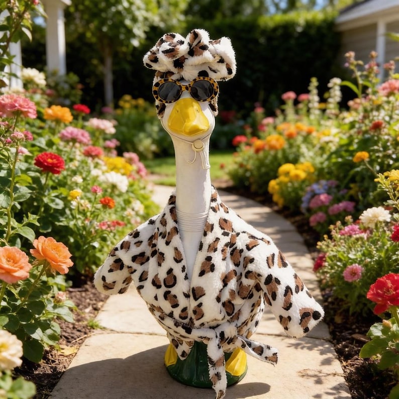 May include: A white goose figurine wearing a fuzzy leopard print bathrobe with a matching head wrap and leopard print sunglasses. The goose has a bright yellow beak and is positioned upright, showcasing the detailed animal print texture.