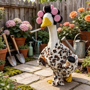May include: A white goose wearing a leopard print bathrobe and pink and black hair rollers. The goose has a cigarette in its beak and holds a coffee cup in one wing. The goose stands on a stone path surrounded by potted flowers and garden tools.
