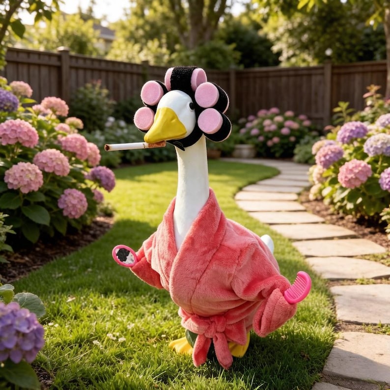 May include: A white goose wearing a coral-colored plush bathrobe and a set of black and pink hair rollers on its head. The goose has a cigarette in its beak and is holding a small pink hairbrush in one of its wings, standing in a garden.