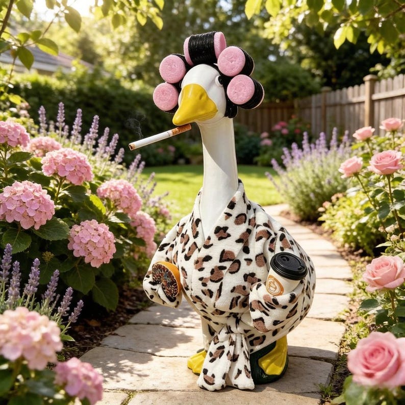 May include: A white goose figurine wearing a leopard print bathrobe, pink hair rollers, and holding a coffee cup and a donut. The goose has a yellow beak and is depicted with a cigarette in its mouth, standing amidst pink hydrangea flowers.