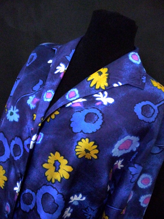 Designer Blue Floral Silk Shirt Dress 1970s Zora o