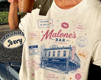 Comfort Colors Malone's Bar T-Shirt, Best Burgers Hastings MA, College Hockey Romance Shirt, Fictional Boyfriend Tee, Campus Romance Top