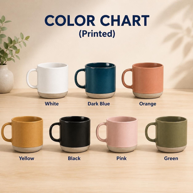 May include: A color chart of ceramic mugs in various colors, including white, dark blue, orange, yellow, black, pink, and green. Each mug has a contrasting gray base and a curved handle. The text "COLOR CHART (Printed)" is at the top.